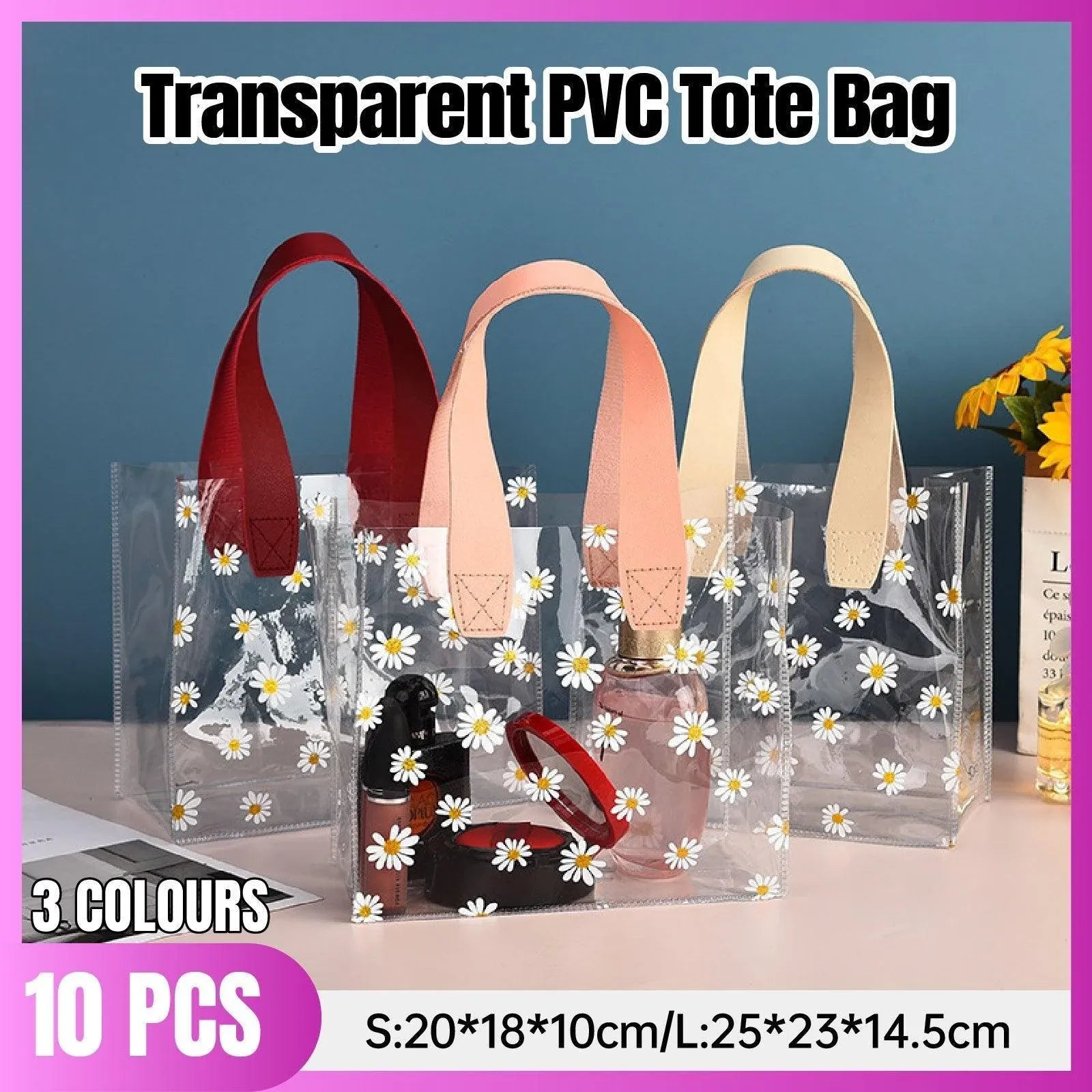 10pcs Small Fresh Transparent PVC Tote Bag Wedding Candy Gift Bag Daisy Design - Red - S V528-BAG-10PCS-RED-S-670452