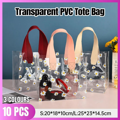 10pcs Small Fresh Transparent PVC Tote Bag Wedding Candy Gift Bag Daisy Design - Red - S V528-BAG-10PCS-RED-S-670452