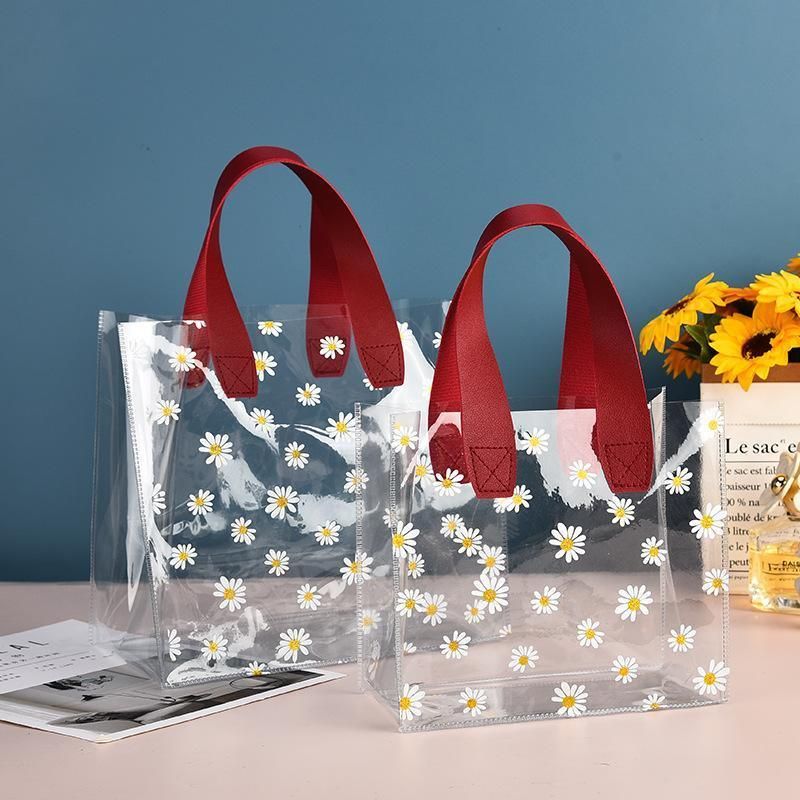 10pcs Small Fresh Transparent PVC Tote Bag Wedding Candy Gift Bag Daisy Design - Red - S V528-BAG-10PCS-RED-S-670452