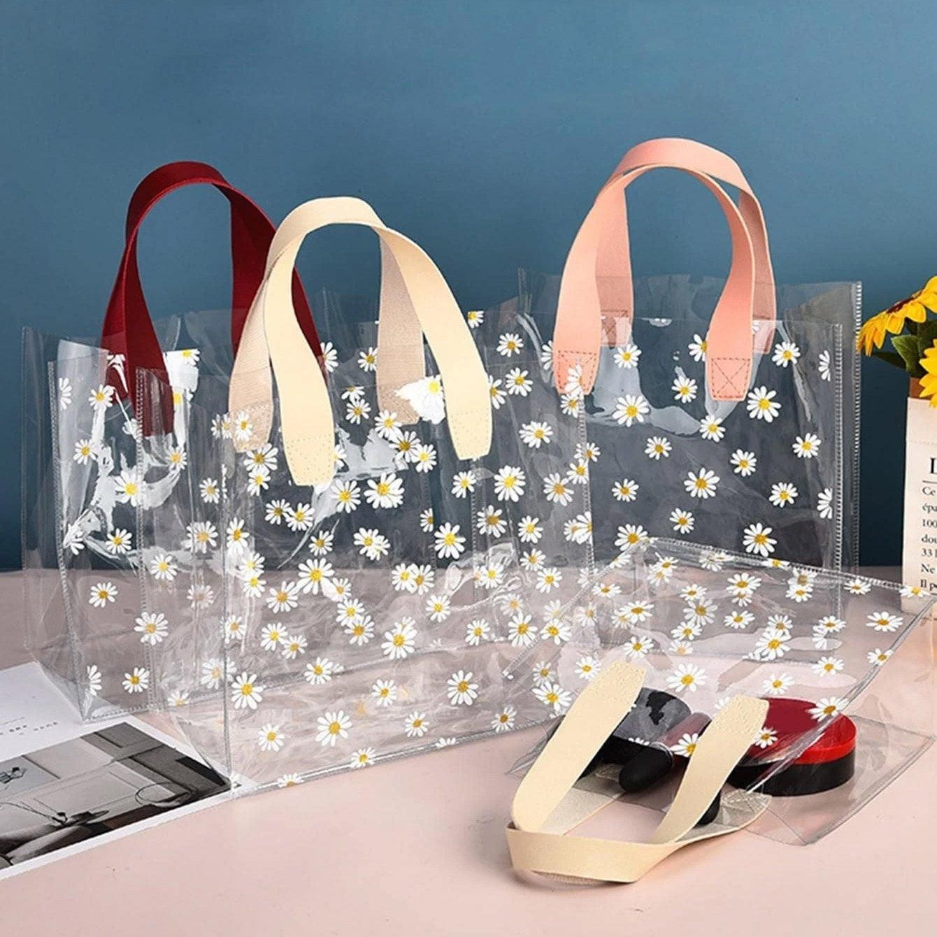 10pcs Small Fresh Transparent PVC Tote Bag Wedding Candy Gift Bag Daisy Design - Red - S V528-BAG-10PCS-RED-S-670452