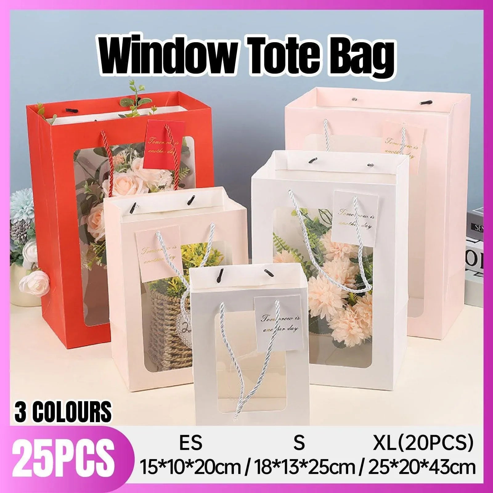 25x Thick Gift Bags with Transparent Window for Valentines Day Bouquets and Gift - V528-BAG-25PCS-PINK-18-13-25-258148