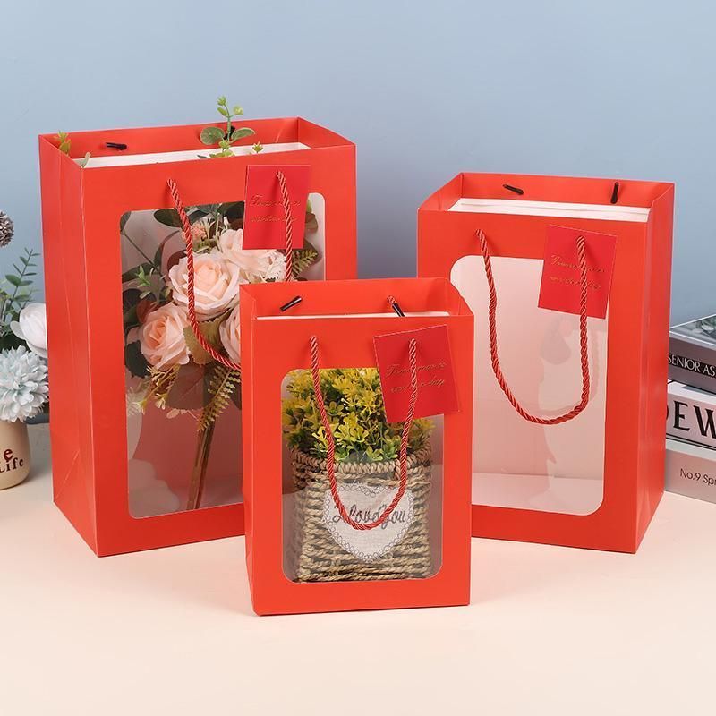 25x Thick Gift Bags with Transparent Window for Valentines Day Bouquets and Gift - V528-BAG-25PCS-PINK-18-13-25-258148
