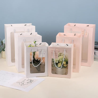 25x Thick Gift Bags with Transparent Window for Valentines Day Bouquets and Gift - V528-BAG-25PCS-PINK-18-13-25-258148