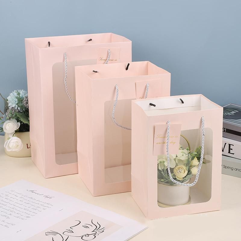 25x Thick Gift Bags with Transparent Window for Valentines Day Bouquets and Gift - V528-BAG-25PCS-PINK-18-13-25-258148