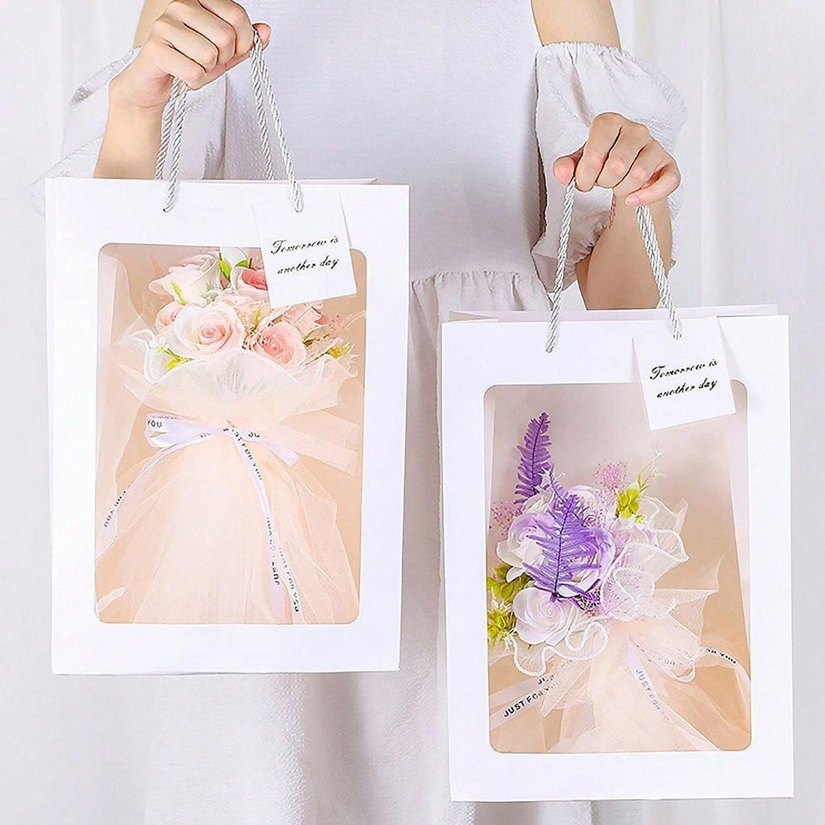 25x Thick Gift Bags with Transparent Window for Valentines Day Bouquets and Gift - V528-BAG-25PCS-PINK-18-13-25-258148