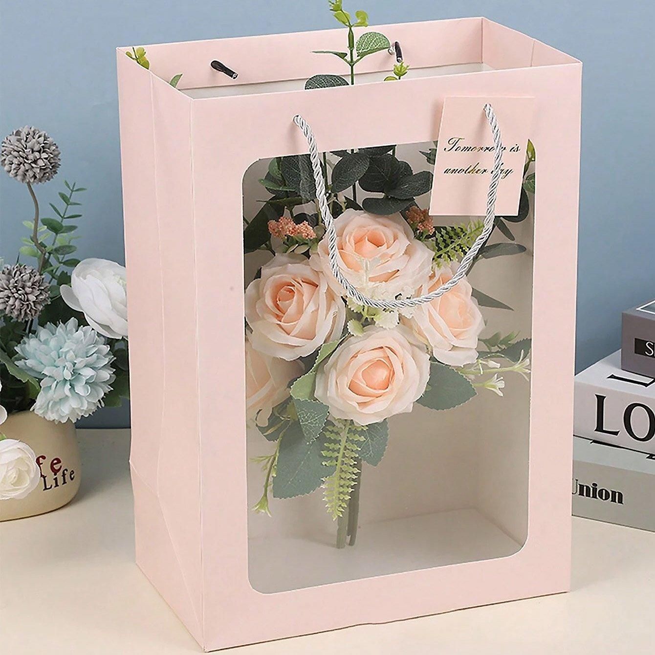 25x Thick Gift Bags with Transparent Window for Valentines Day Bouquets and Gift - V528-BAG-25PCS-RED-18-13-25-421584