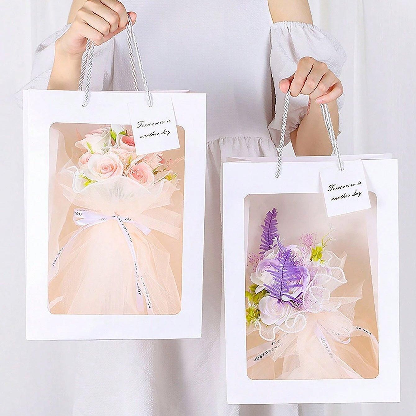 25x Thick Gift Bags with Transparent Window for Valentines Day Bouquets and Gift - V528-BAG-25PCS-RED-18-13-25-421584