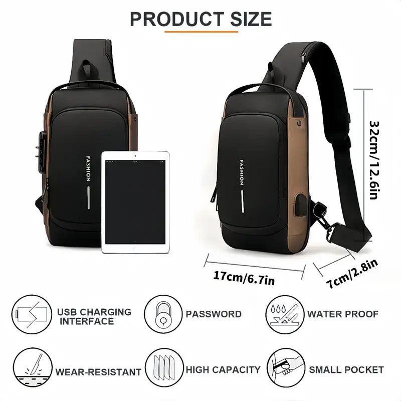 Multi-Function Password Lock Shoulder Bag Anti-Theft Crossbody Sling Bag Travel V528-BAG-BLACK-BROWN-778577