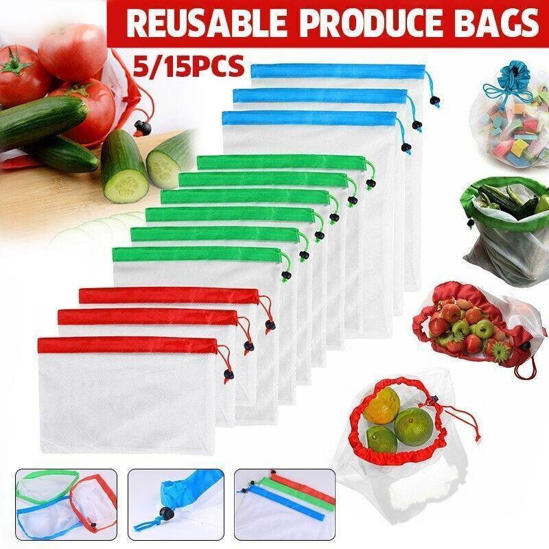 Up 15X Eco Friendly Reusable Mesh Produce Bags Superior Double Stitched Strength - 5PCS Medium Green V528-BAG-MEDIUMGREEN-5PCS-48874