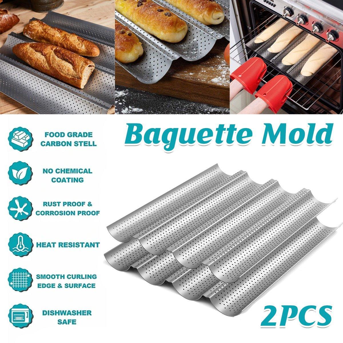 Non-stick French Baguette Pan Bread Baking Mould Loaves Mold Cooking Steel Tray V528-BAGUETTE-PAN-SILVER-2PCS-203780