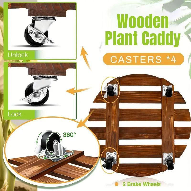 Wooden Round Universal Wheel Planter Base Tray Mobile Planter Stand for Garden V528-BASE-30-30-404922