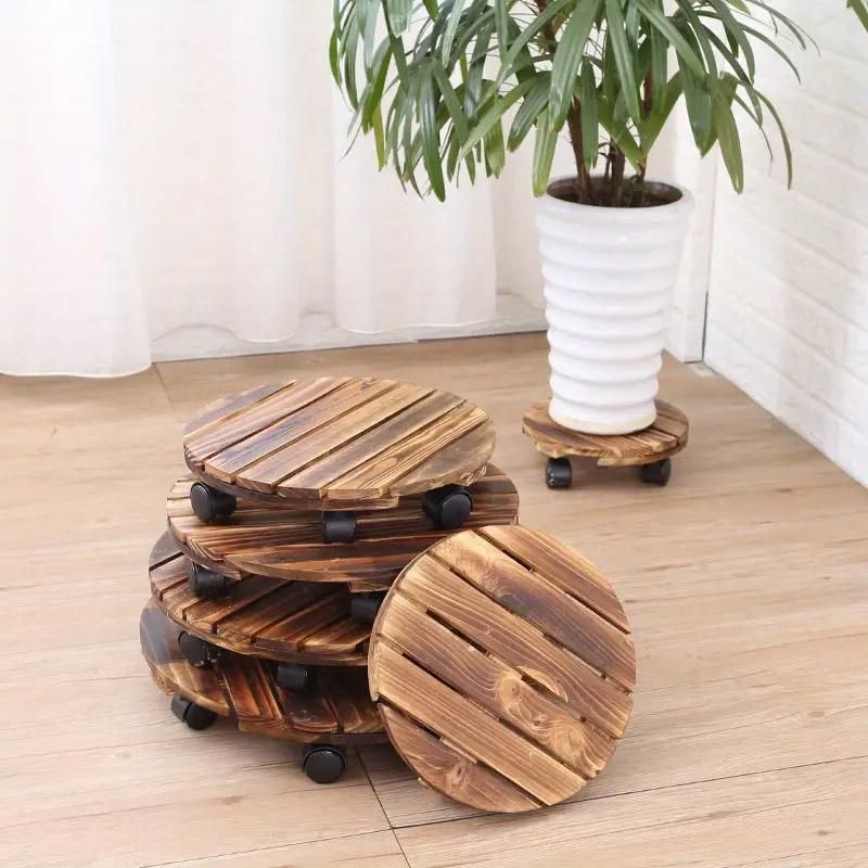 Wooden Round Universal Wheel Planter Base Tray Mobile Planter Stand for Garden V528-BASE-30-30-404922