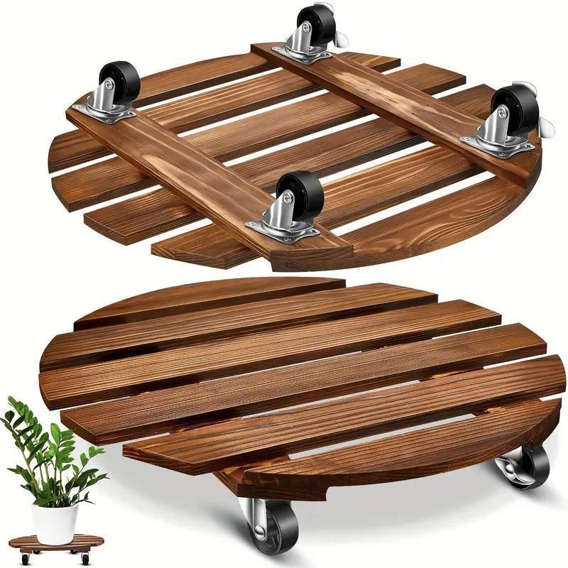 Wooden Round Universal Wheel Planter Base Tray Mobile Planter Stand for Garden V528-BASE-30-30-404922