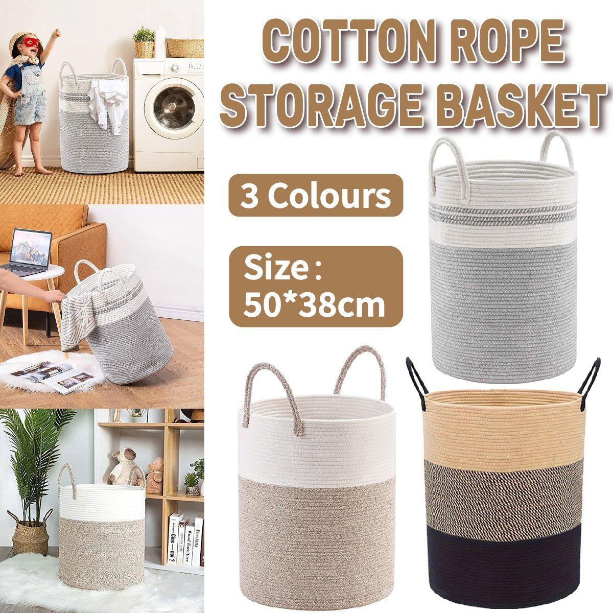 Woven Cotton Rope Storage Basket Foldable Laundry Bin Bamboo Clothes Organizer - Khaki Black V528-BASKET-KHAKI-BLACK-756362