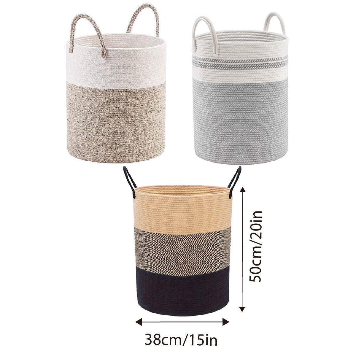 Woven Cotton Rope Storage Basket Foldable Laundry Bin Bamboo Clothes Organizer - Khaki Black V528-BASKET-KHAKI-BLACK-756362