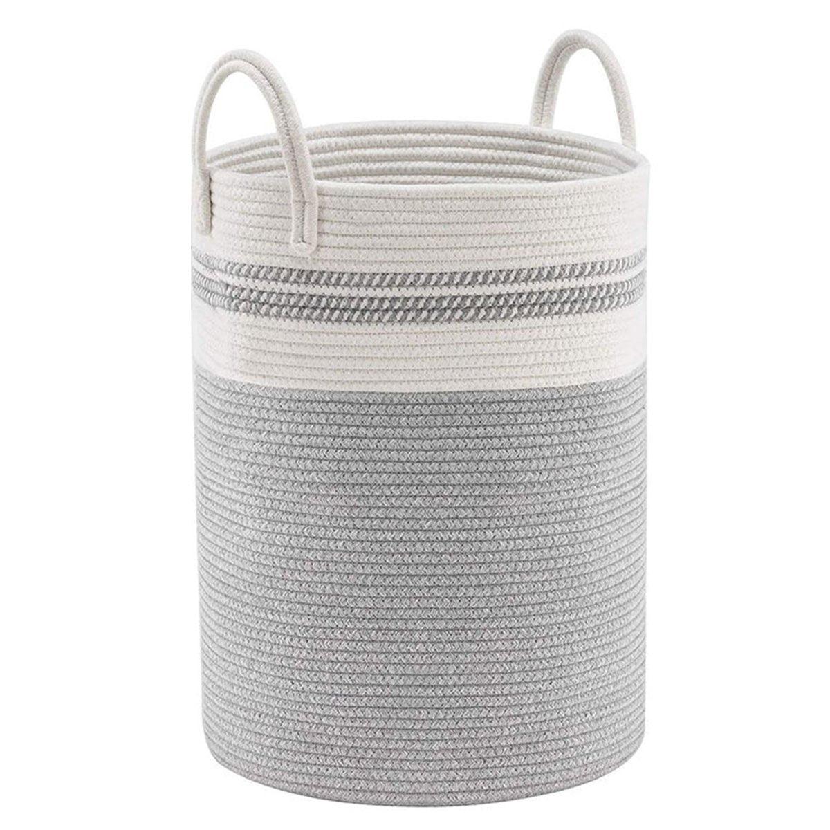Woven Cotton Rope Storage Basket Foldable Laundry Bin Bamboo Clothes Organizer - Khaki Black V528-BASKET-KHAKI-BLACK-756362
