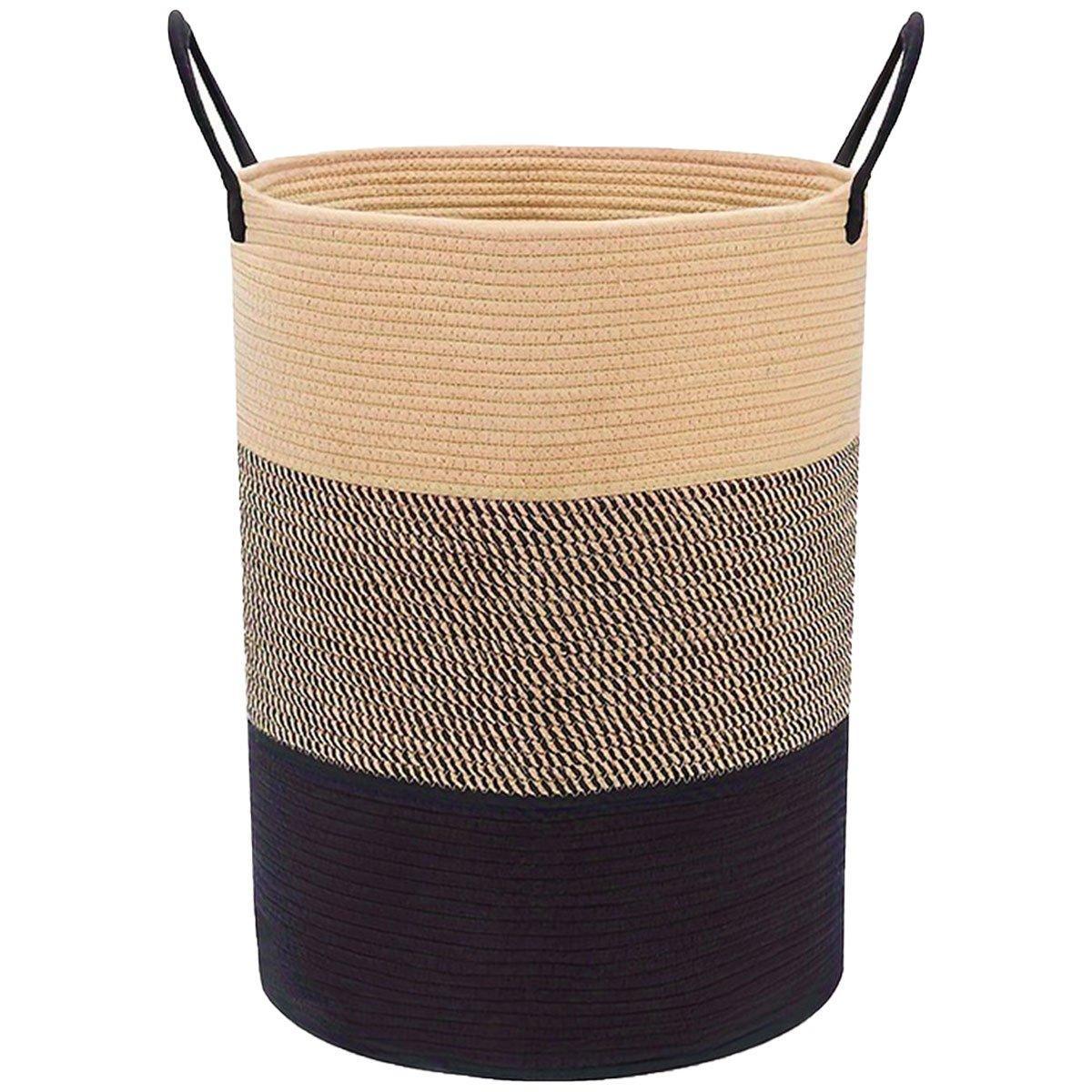 Woven Cotton Rope Storage Basket Foldable Laundry Bin Bamboo Clothes Organizer - Khaki Black V528-BASKET-KHAKI-BLACK-756362