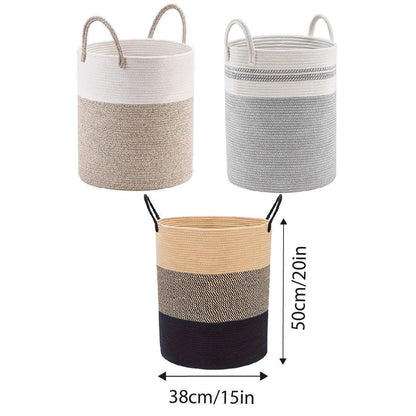 Woven Cotton Rope Storage Basket Foldable Laundry Bin Bamboo Clothes Organizer - White Brown V528-BASKET-WHITE-BROWN-401337