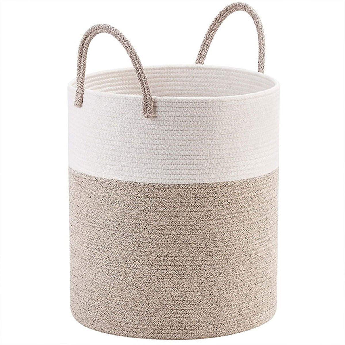 Woven Cotton Rope Storage Basket Foldable Laundry Bin Bamboo Clothes Organizer - White Brown V528-BASKET-WHITE-BROWN-401337