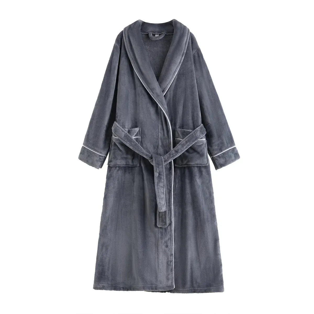 Flannel Bathrobe Set Autumn Winter Coral Fleece Nightgown for Men and Women Warm - Grey V528-BATHROBE-GREY-XL-472184