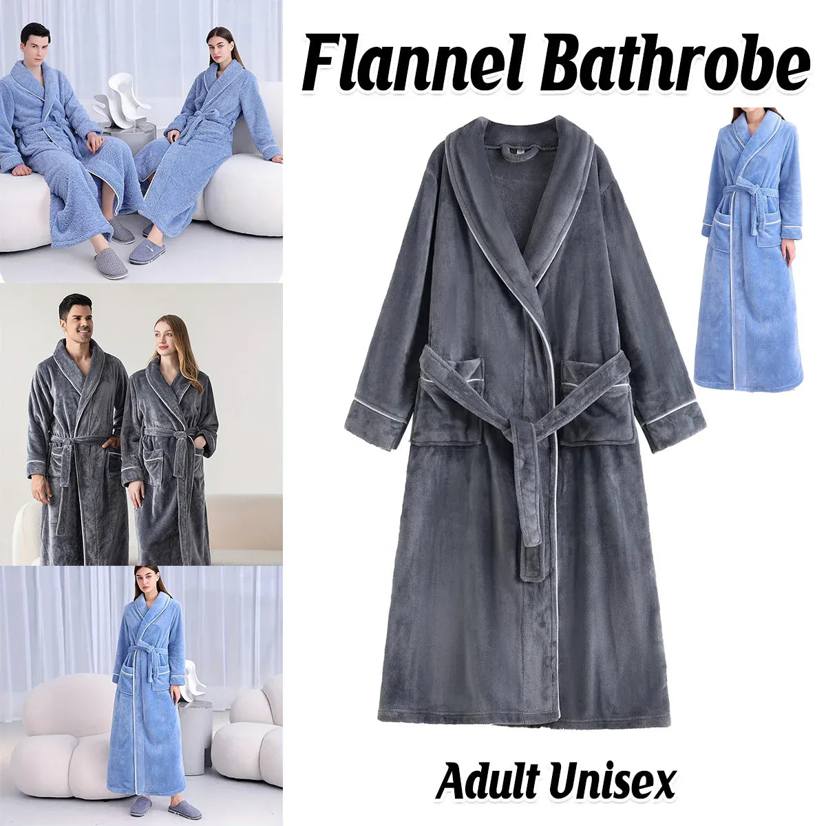 Flannel Bathrobe Set Autumn Winter Coral Fleece Nightgown for Men and Women Warm - Grey V528-BATHROBE-GREY-XL-472184