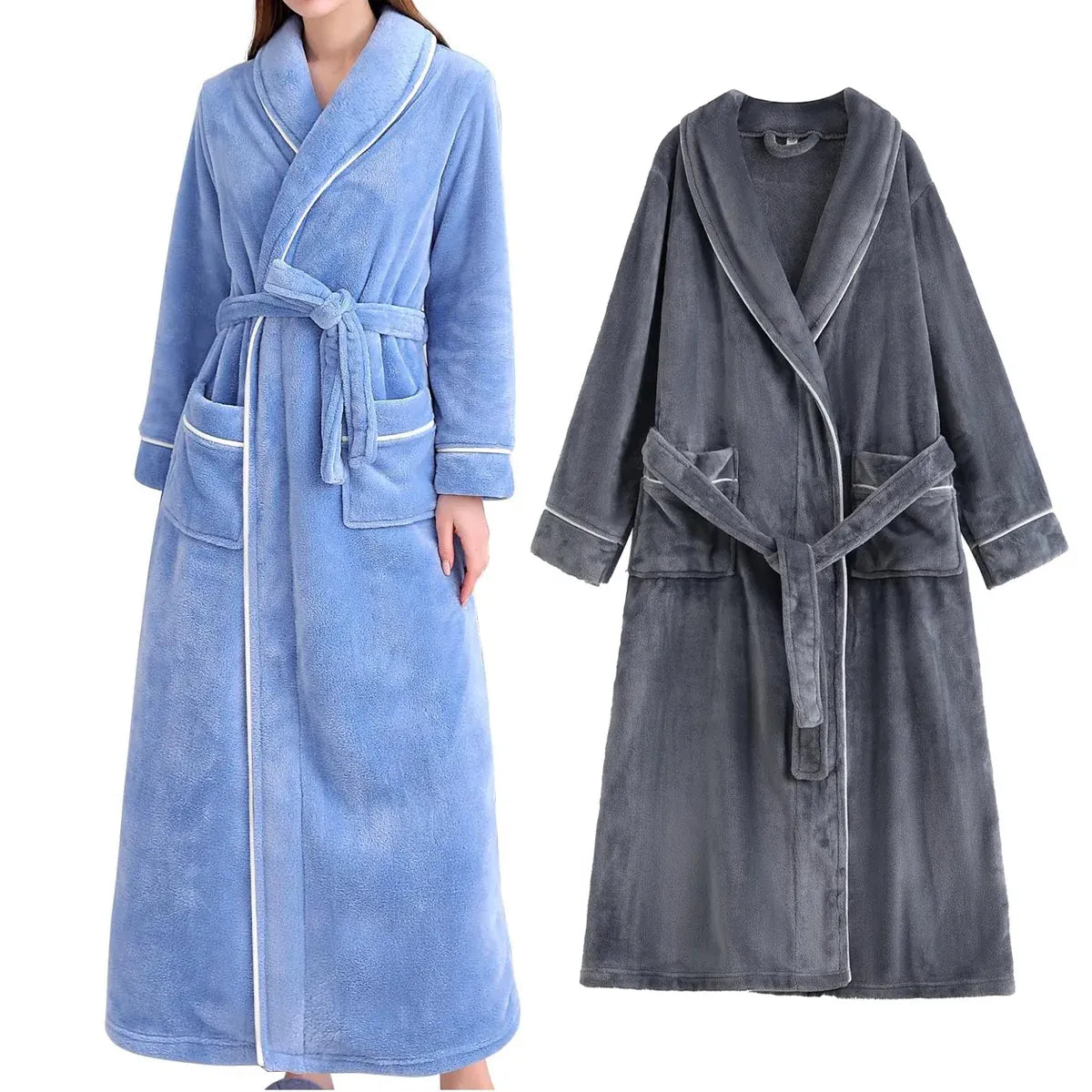 Flannel Bathrobe Set Autumn Winter Coral Fleece Nightgown for Men and Women Warm - Grey V528-BATHROBE-GREY-XL-472184