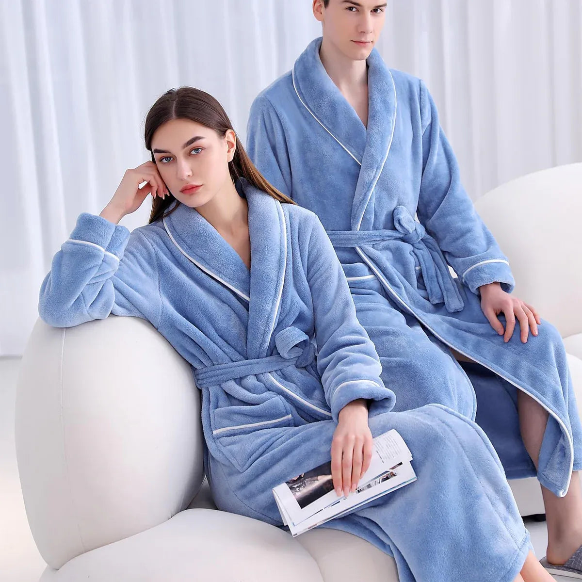 Flannel Bathrobe Set Autumn Winter Coral Fleece Nightgown for Men and Women Warm - Grey V528-BATHROBE-GREY-XL-472184