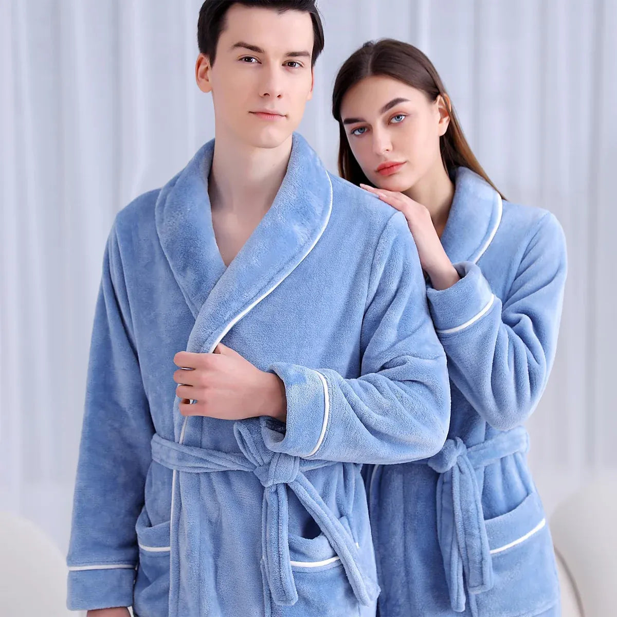 Flannel Bathrobe Set Autumn Winter Coral Fleece Nightgown for Men and Women Warm - Grey V528-BATHROBE-GREY-XL-472184