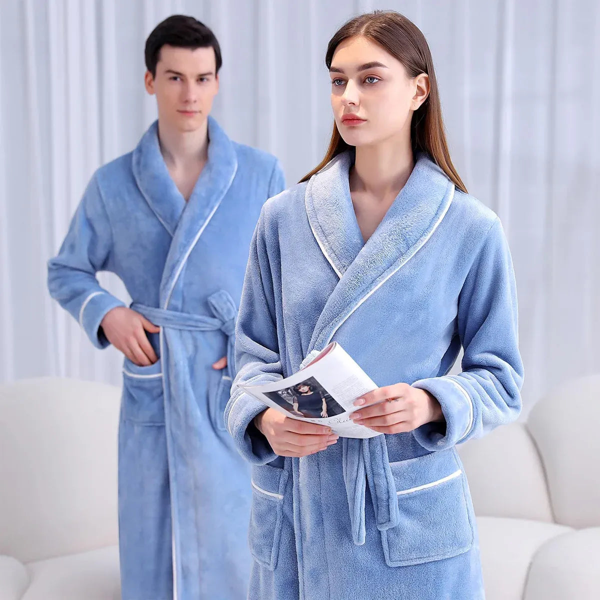 Flannel Bathrobe Set Autumn Winter Coral Fleece Nightgown for Men and Women Warm - Grey V528-BATHROBE-GREY-XL-472184