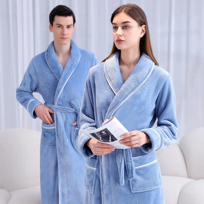 Flannel Bathrobe Set Autumn Winter Coral Fleece Nightgown for Men and Women Warm - Grey V528-BATHROBE-GREY-XL-472184