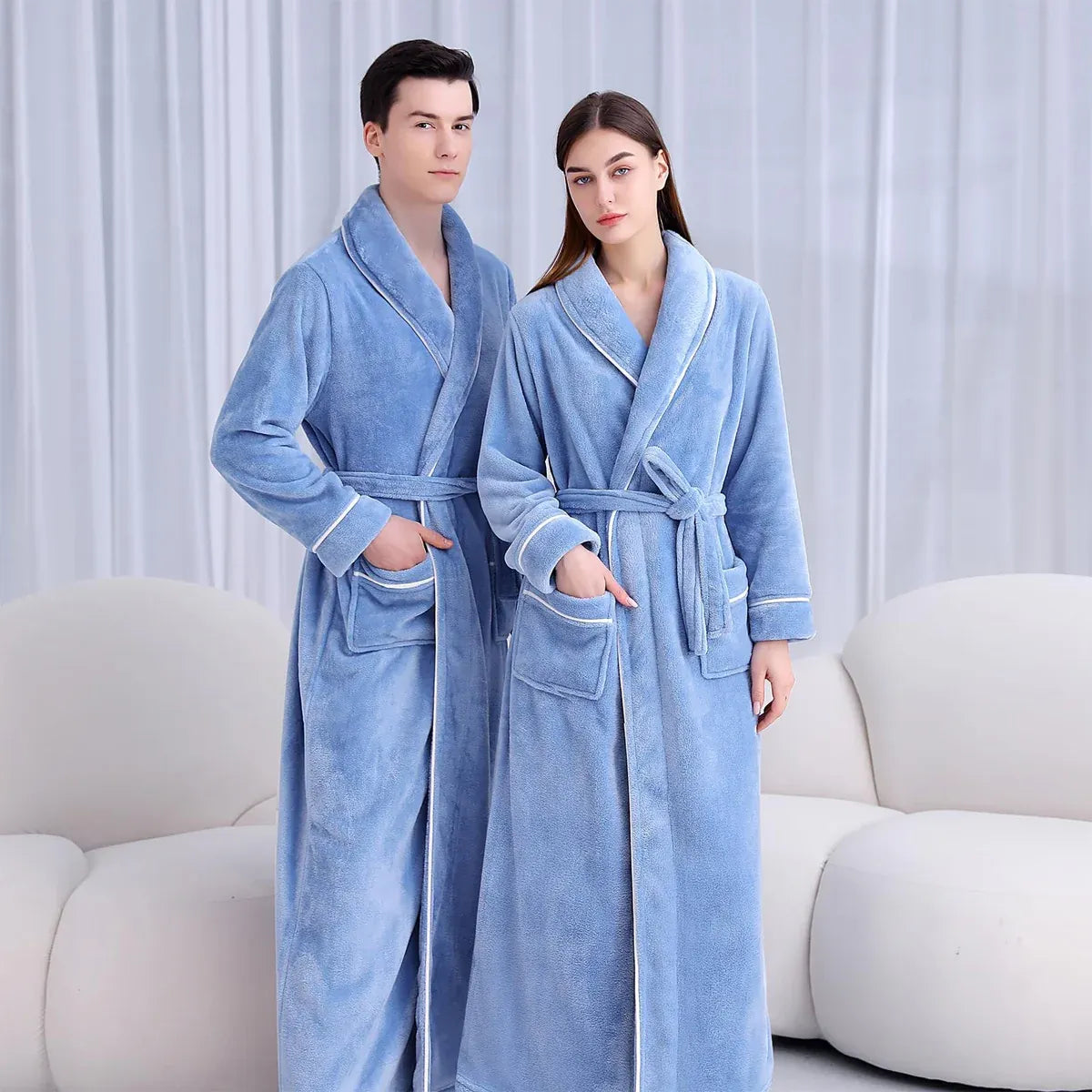Flannel Bathrobe Set Autumn Winter Coral Fleece Nightgown for Men and Women Warm - Grey V528-BATHROBE-GREY-XL-472184