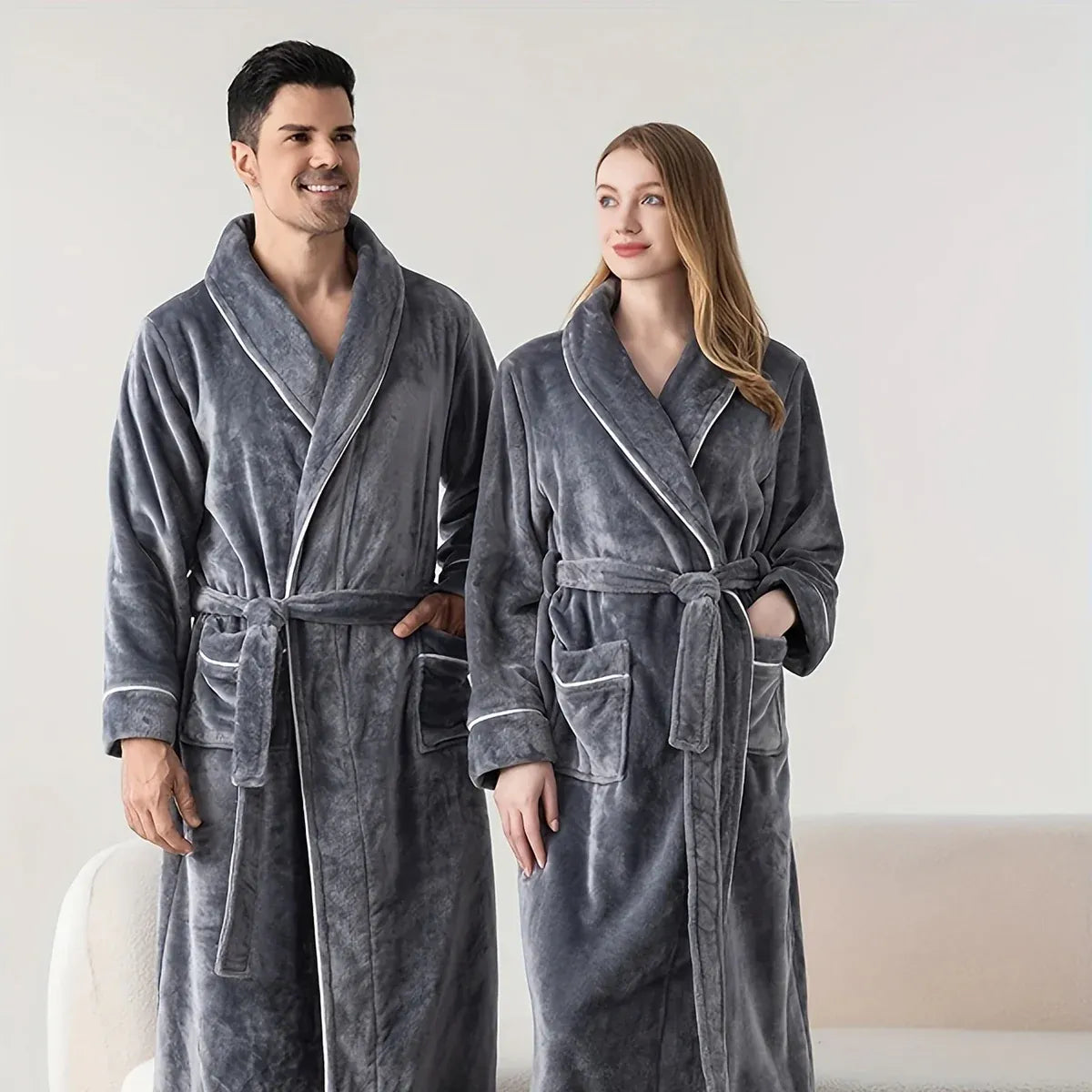 Flannel Bathrobe Set Autumn Winter Coral Fleece Nightgown for Men and Women Warm - Grey V528-BATHROBE-GREY-XL-472184