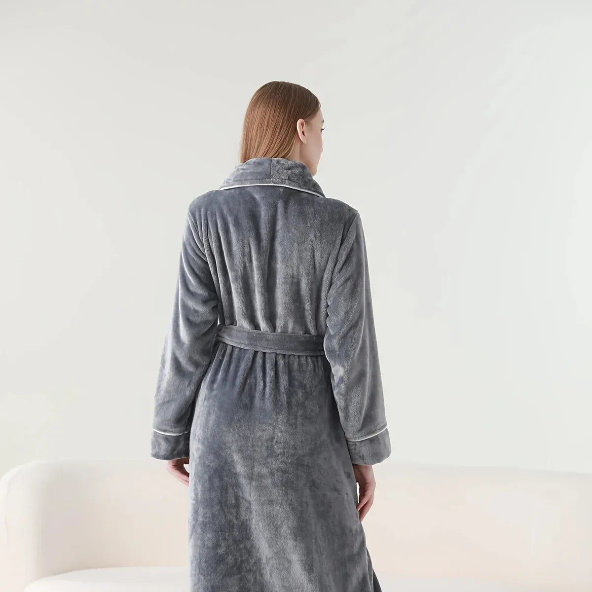 Flannel Bathrobe Set Autumn Winter Coral Fleece Nightgown for Men and Women Warm - Grey V528-BATHROBE-GREY-XL-472184