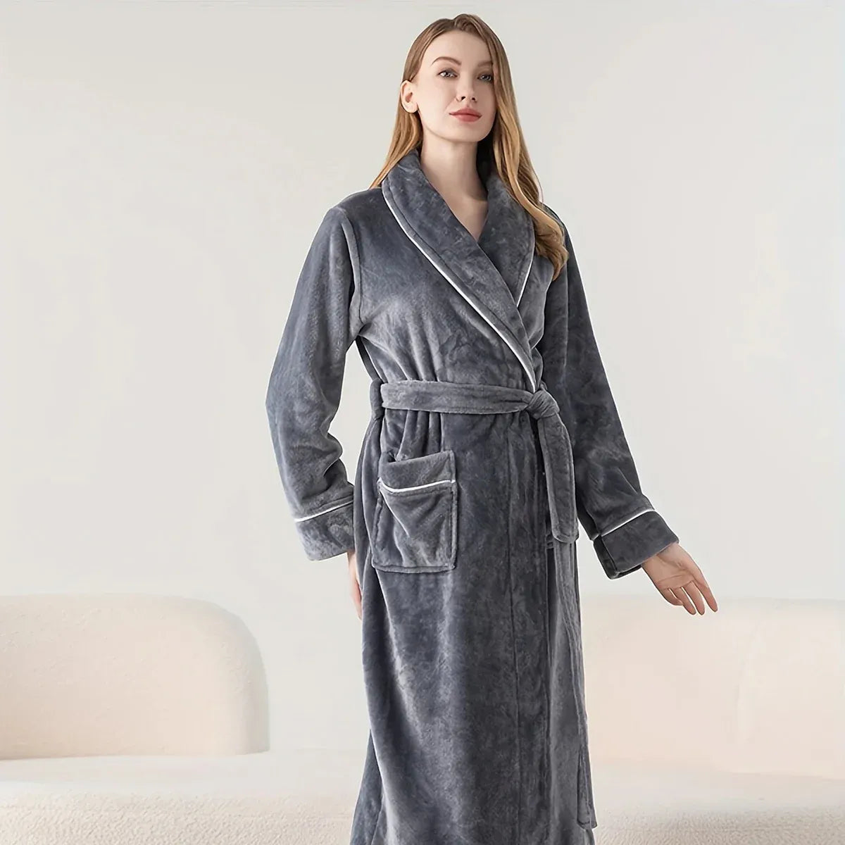 Flannel Bathrobe Set Autumn Winter Coral Fleece Nightgown for Men and Women Warm - Grey V528-BATHROBE-GREY-XL-472184