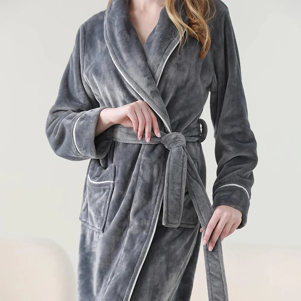 Flannel Bathrobe Set Autumn Winter Coral Fleece Nightgown for Men and Women Warm - Grey V528-BATHROBE-GREY-XL-472184