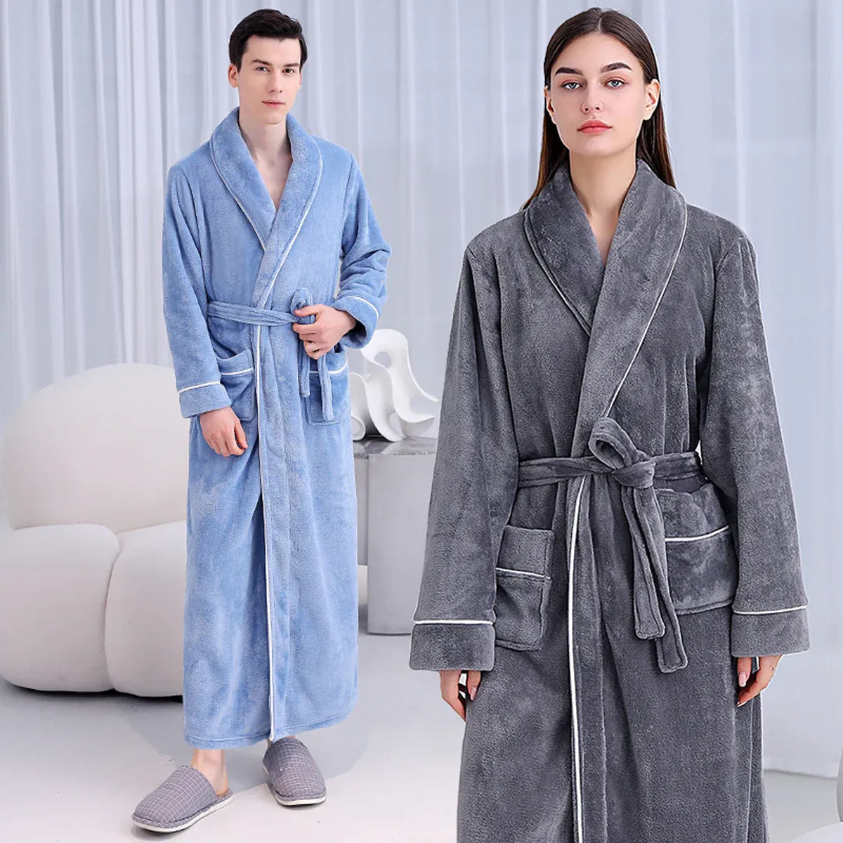 Flannel Bathrobe Set Autumn Winter Coral Fleece Nightgown for Men and Women Warm - Grey V528-BATHROBE-GREY-XL-472184