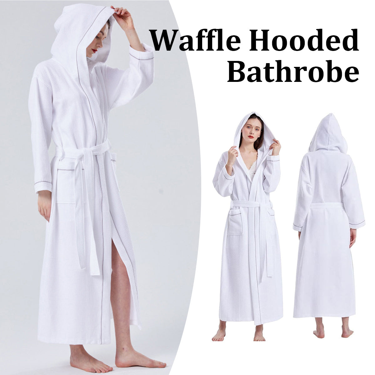 Hotel Bathrobe Waffle Hooded Robe Soft Absorbent for Men and Women Unisex Towels V528-BATHROBE-WHITE-L-635807
