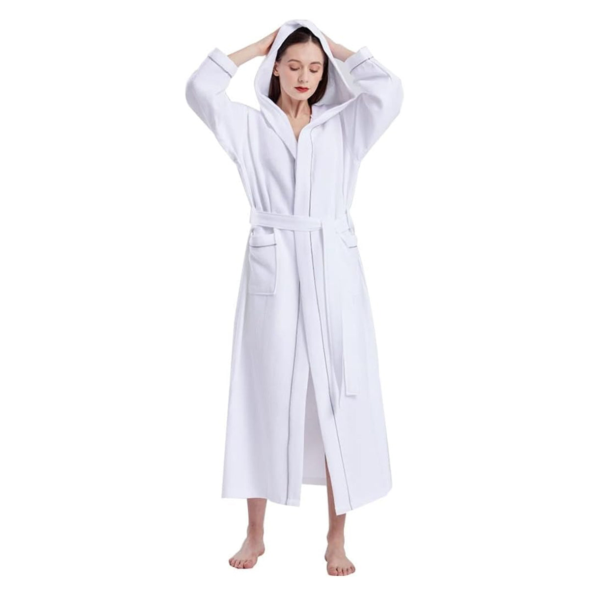 Hotel Bathrobe Waffle Hooded Robe Soft Absorbent for Men and Women Unisex Towels V528-BATHROBE-WHITE-L-635807