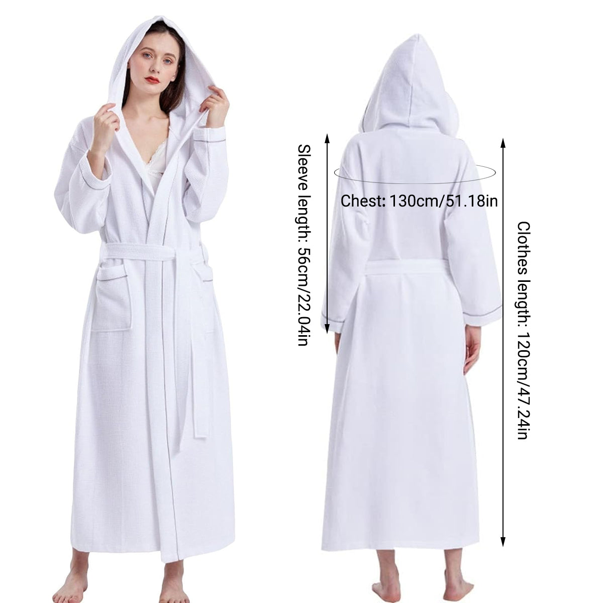 Hotel Bathrobe Waffle Hooded Robe Soft Absorbent for Men and Women Unisex Towels V528-BATHROBE-WHITE-L-635807