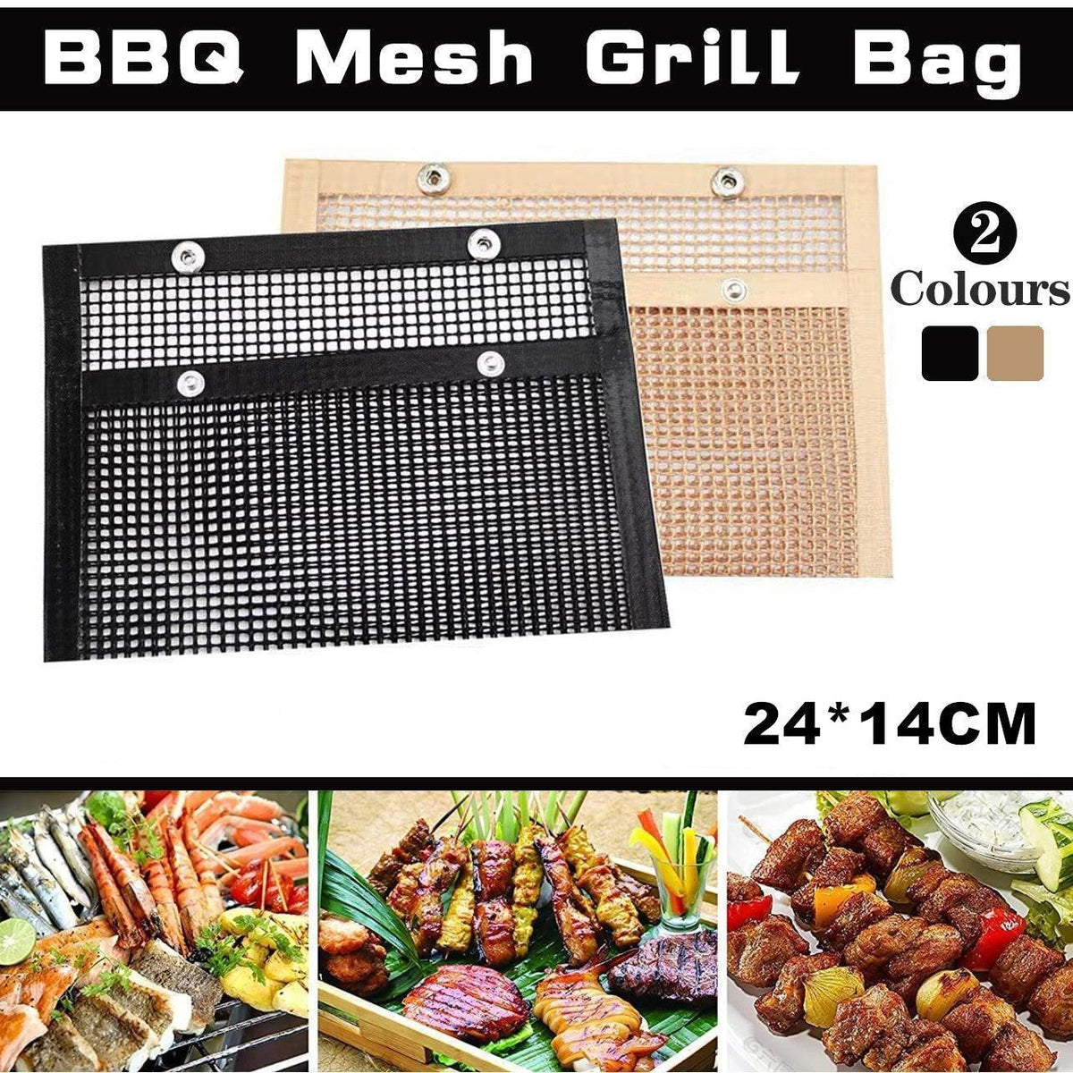 24x14CM BBQ Grilling Mesh Reusable Bag Outdoor Camping Barbecue Grill Mats Cooking Pads - Black V528-BBQ-NETBAGBLACK24-14CM-SMALL