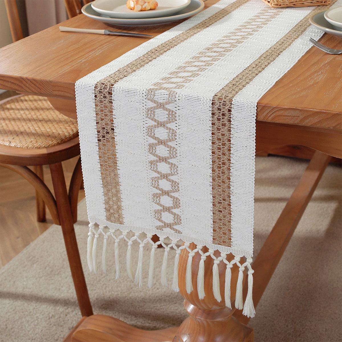 Cotton Linen Table Runner with Knot Tassel Bed End Towel Long Tablecloth Mat - Beige V528-BED-TOWEL-STXMS-838033