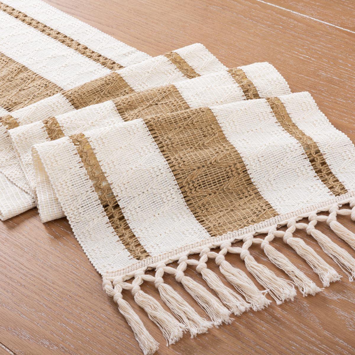 Cotton Linen Table Runner with Knot Tassel Bed End Towel Long Tablecloth Mat - Beige V528-BED-TOWEL-STXMS-838033