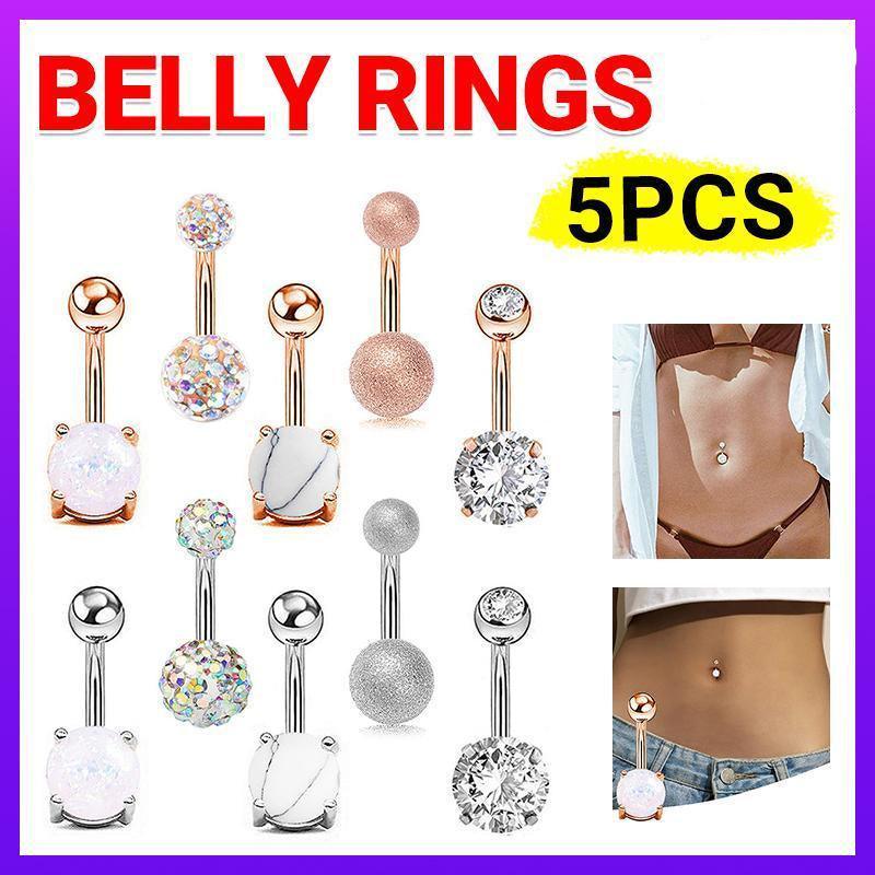 5Pcs Belly Bar Piercing Ring Crystal Zircon Surgical Steel Silver Jewellery - Rose Gold V528-BELLYRINGS-ROSEGOLD-5PCS-709138