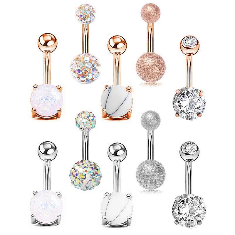 5Pcs Belly Bar Piercing Ring Crystal Zircon Surgical Steel Silver Jewellery - Rose Gold V528-BELLYRINGS-ROSEGOLD-5PCS-709138