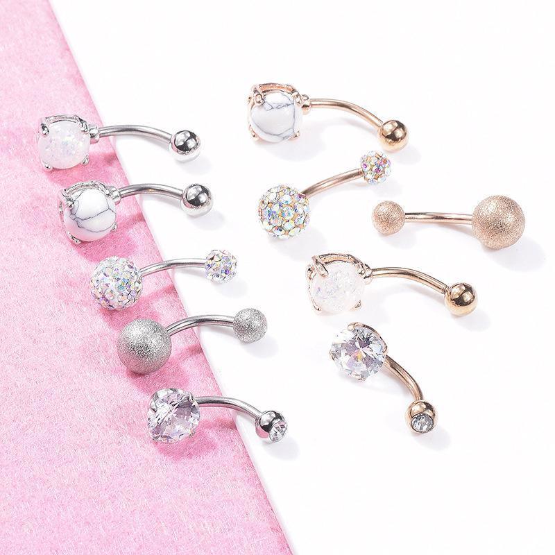 5Pcs Belly Bar Piercing Ring Crystal Zircon Surgical Steel Silver Jewellery - Rose Gold V528-BELLYRINGS-ROSEGOLD-5PCS-709138