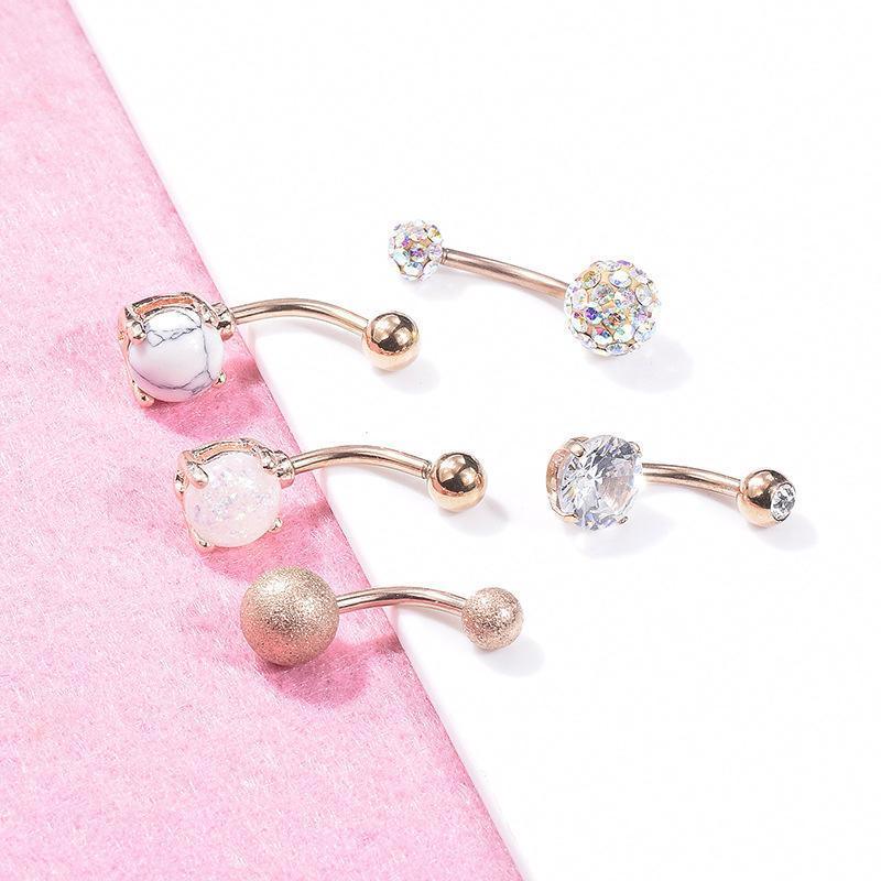 5Pcs Belly Bar Piercing Ring Crystal Zircon Surgical Steel Silver Jewellery - Rose Gold V528-BELLYRINGS-ROSEGOLD-5PCS-709138