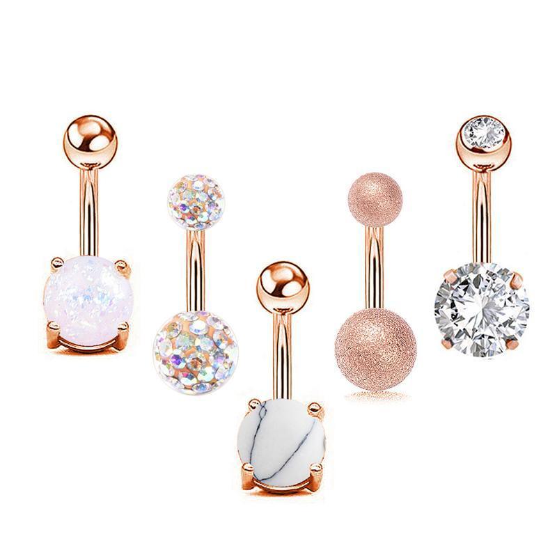 5Pcs Belly Bar Piercing Ring Crystal Zircon Surgical Steel Silver Jewellery - Rose Gold V528-BELLYRINGS-ROSEGOLD-5PCS-709138