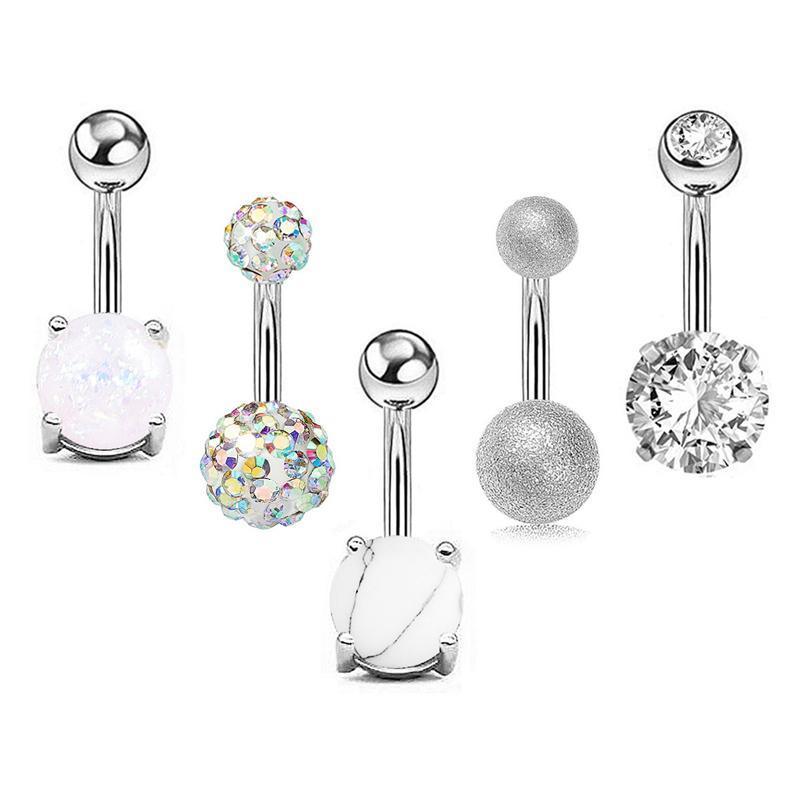 5Pcs Belly Bar Piercing Ring Crystal Zircon Surgical Steel Silver Jewellery - Rose Gold V528-BELLYRINGS-ROSEGOLD-5PCS-709138