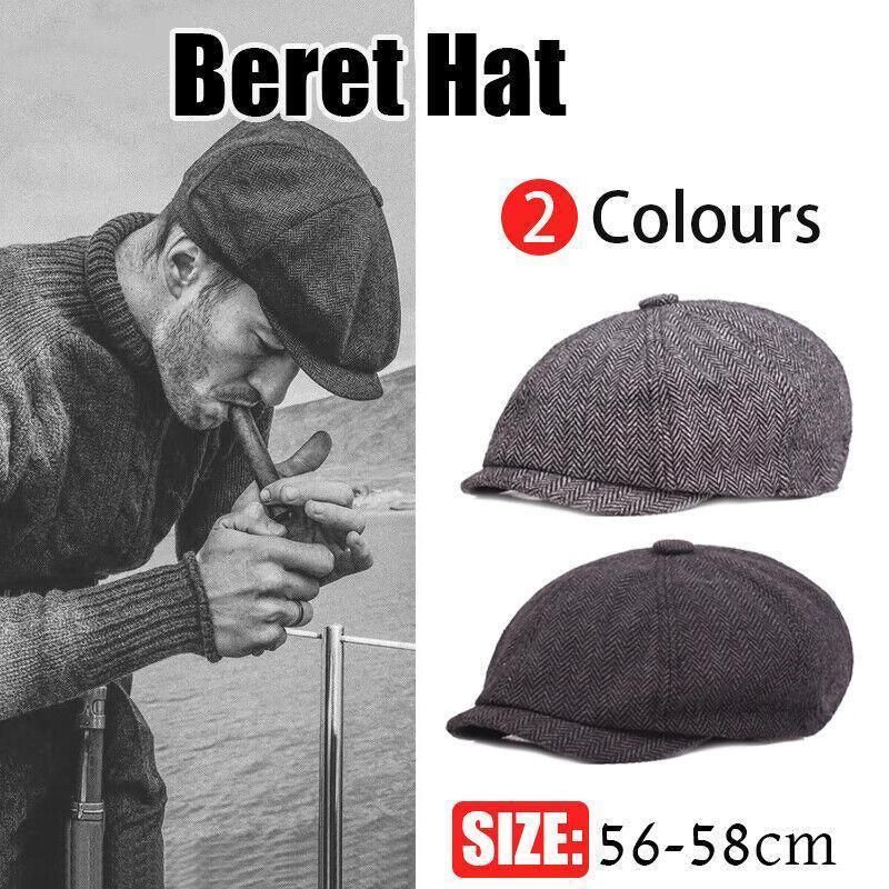 8 Panels Newsboy Flat Cap Peaky Blinders Baker Golf Driving Boy Mens Beret Hat - Dark Grey V528-BERETHAT-BLACKDARKGREY-224576