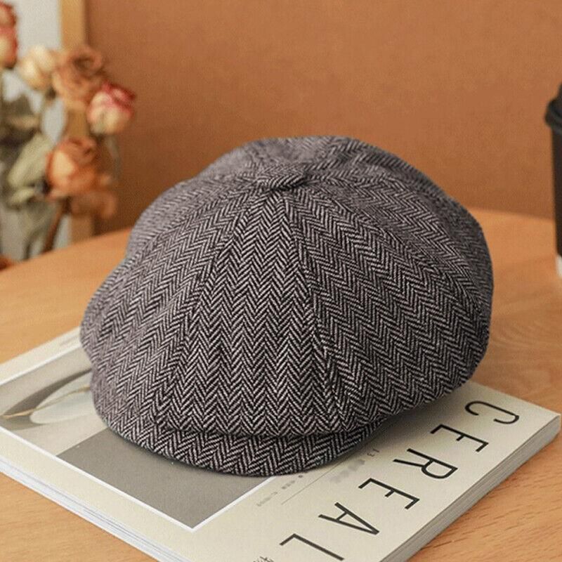 8 Panels Newsboy Flat Cap Peaky Blinders Baker Golf Driving Boy Mens Beret Hat - Dark Grey V528-BERETHAT-BLACKDARKGREY-224576